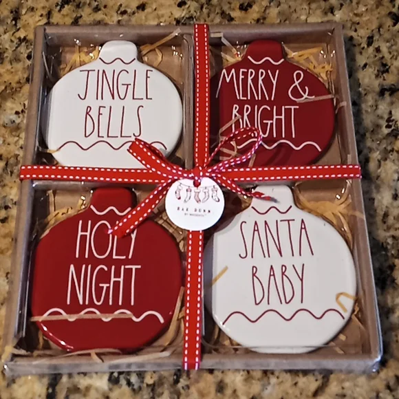 RAE DUNN Holiday Theme Coasters. Set of 4. New With Tags and in Original Box. - Picture 1 of 5